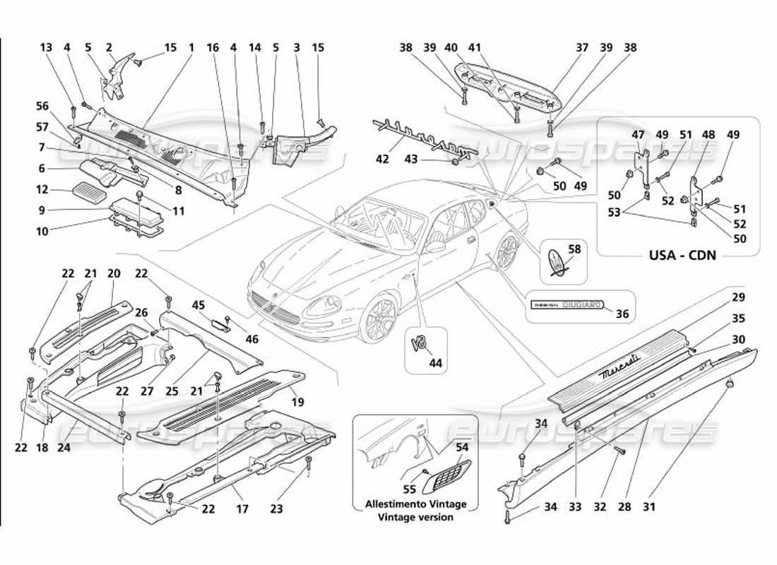 maserati 4200 coupe (2005) scudi e finiture diagramma delle parti