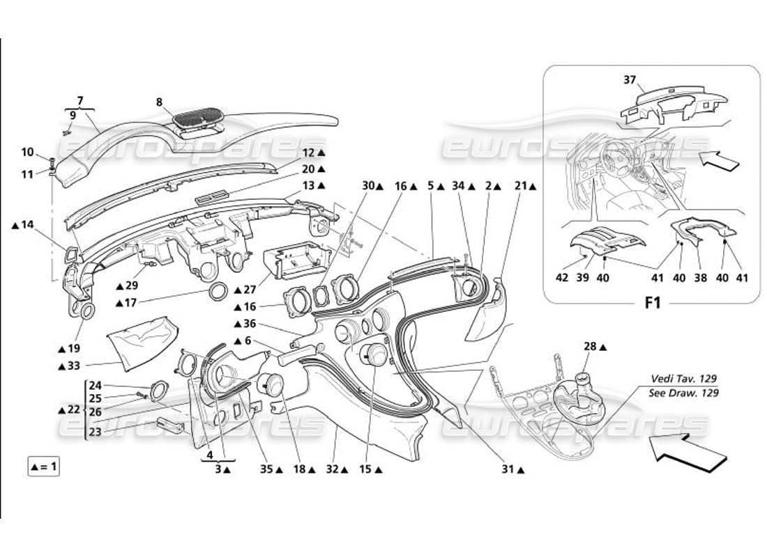 maserati 4200 coupe (2005) cruscotto -non per gd- schema delle parti