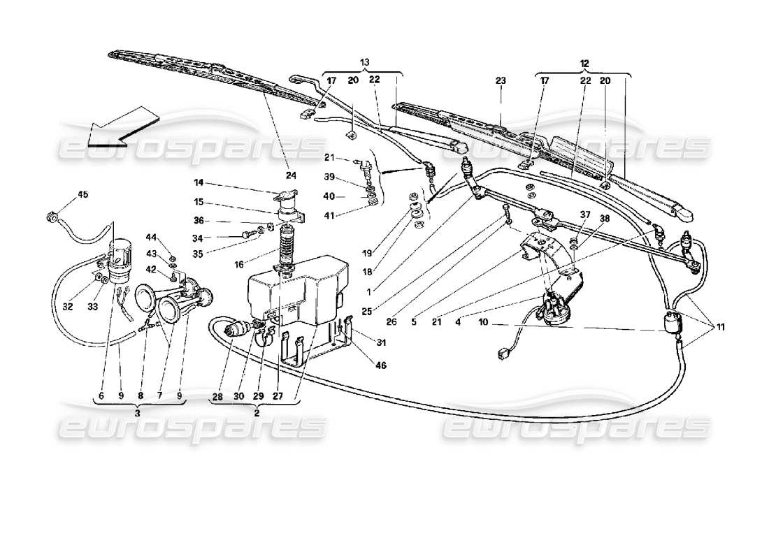 ferrari 512 tr schema delle parti di tergicristallo, rondella e clacson