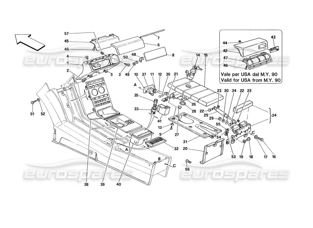 ferrari 348 (1993) tb / ts tunnel - diagramma delle parti degli accessori