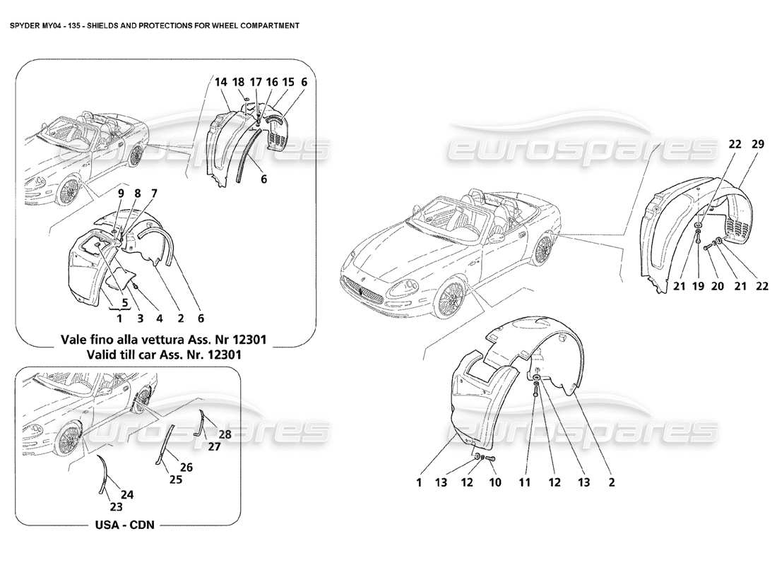 maserati 4200 spyder (2004) schema delle parti di schermi e protezioni per il vano ruota
