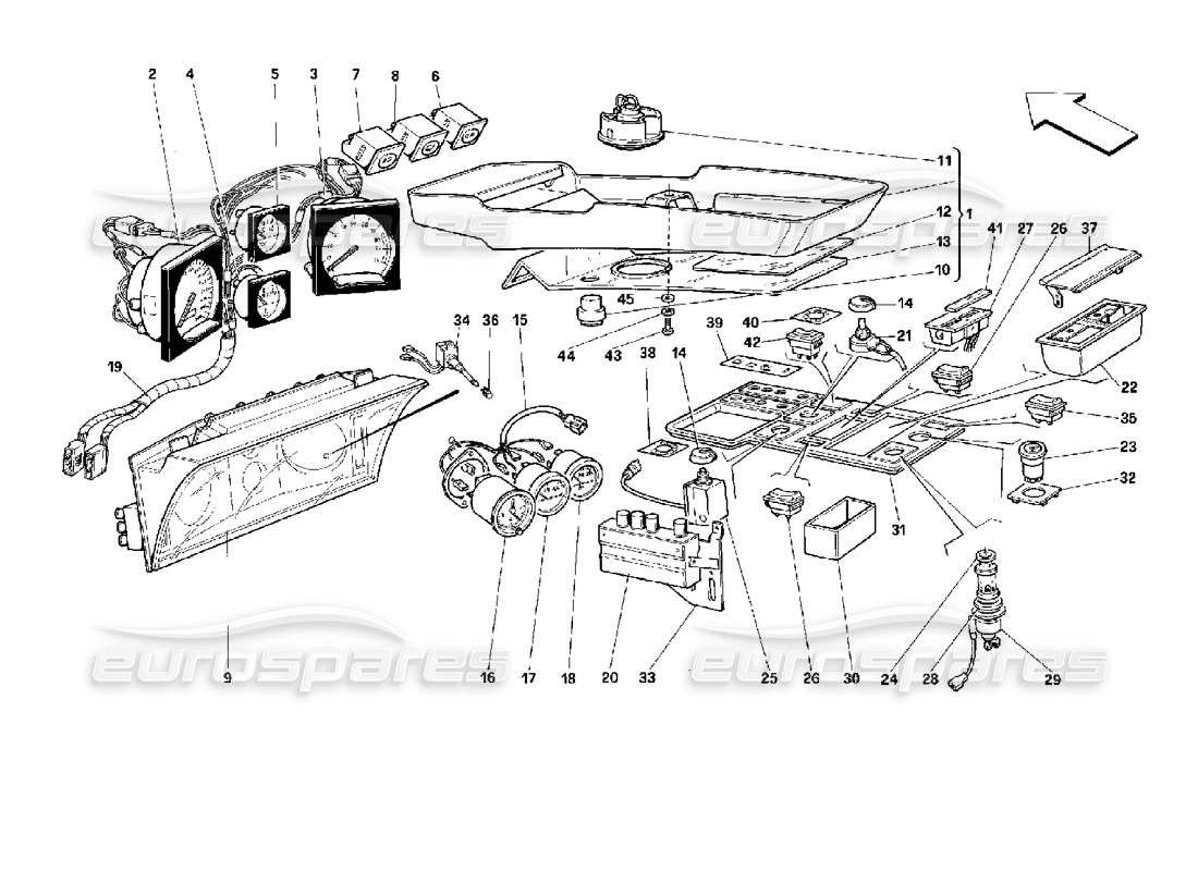 ferrari 512 tr schema delle parti degli strumenti e degli accessori dell'abitacolo