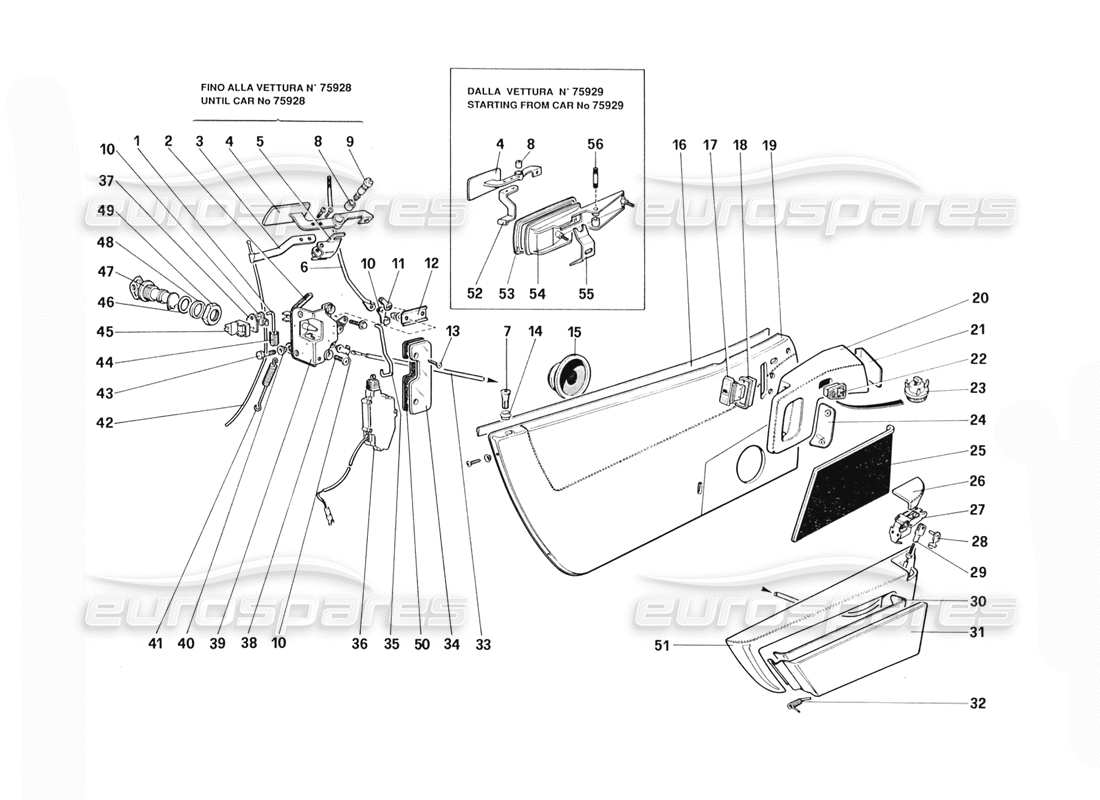 ferrari 328 (1988) schema delle parti delle porte (dalla vettura n. 71597).