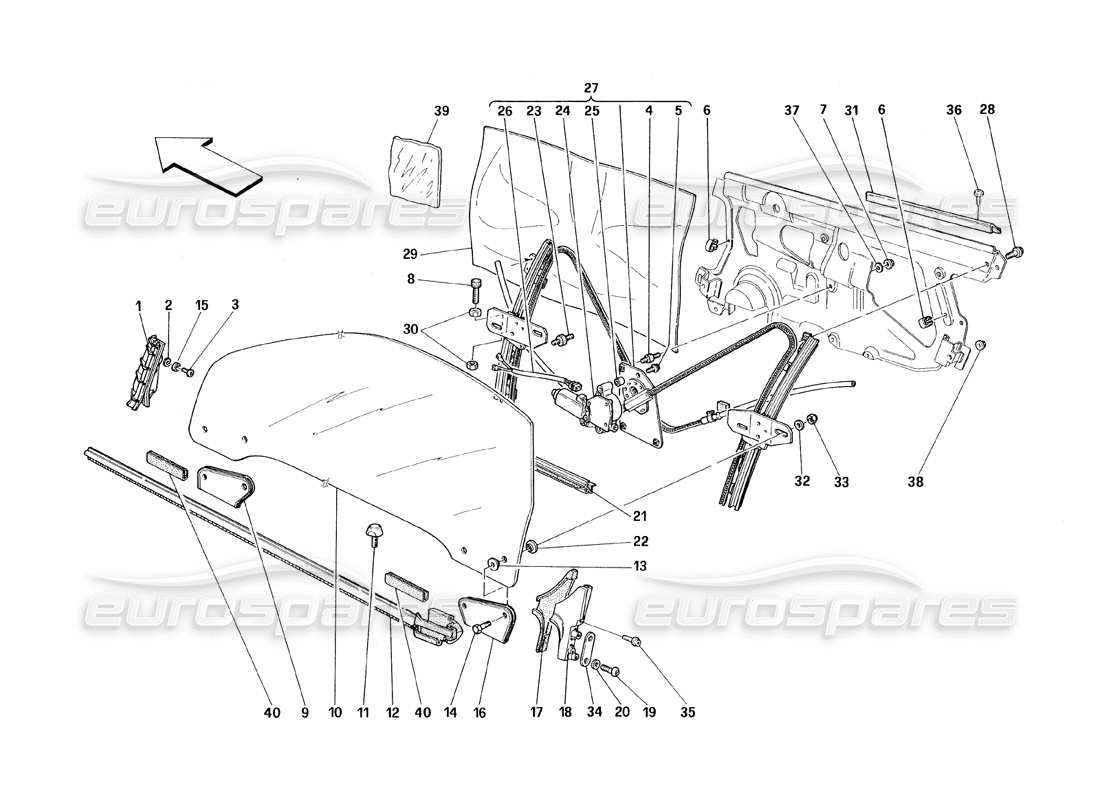 ferrari 348 (1993) tb / ts porte: diagramma delle parti del dispositivo di sollevamento del vetro