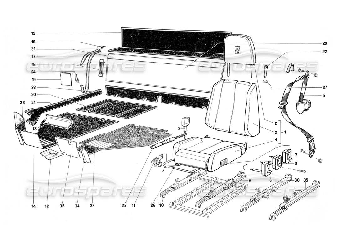 ferrari testarossa (1987) diagramma delle parti dei sedili e dei tappeti