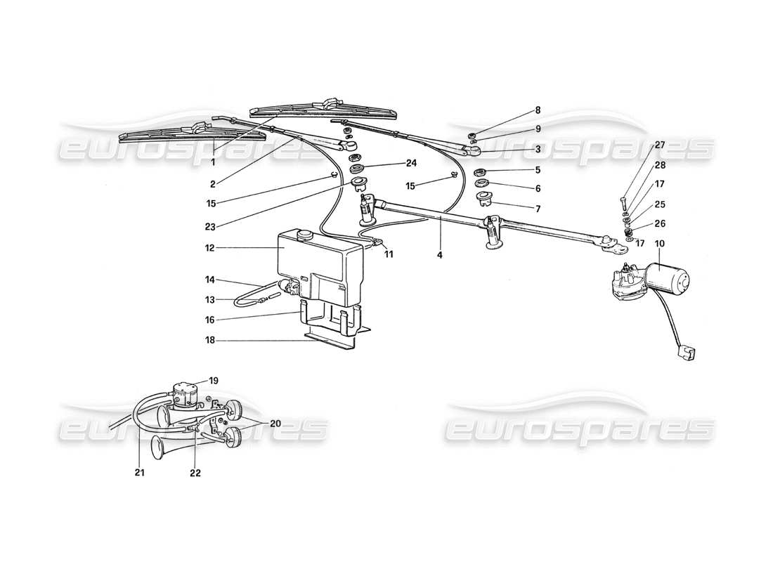 ferrari 288 gto tergicristallo - schema delle parti di rondella e clacson