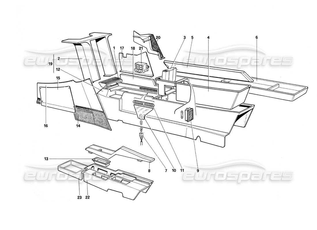ferrari testarossa (1987) diagramma delle parti del tunnel centrale (non per la versione usa my 1987).
