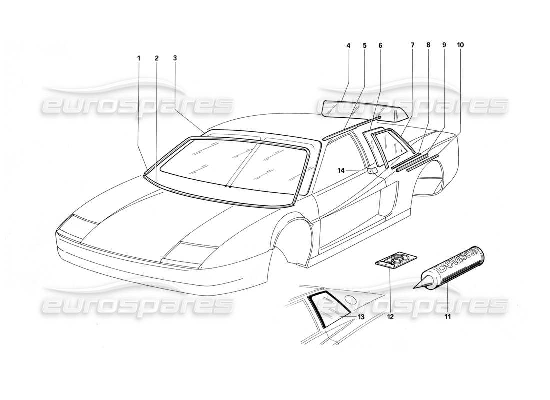 ferrari testarossa (1987) finestre diagramma delle parti