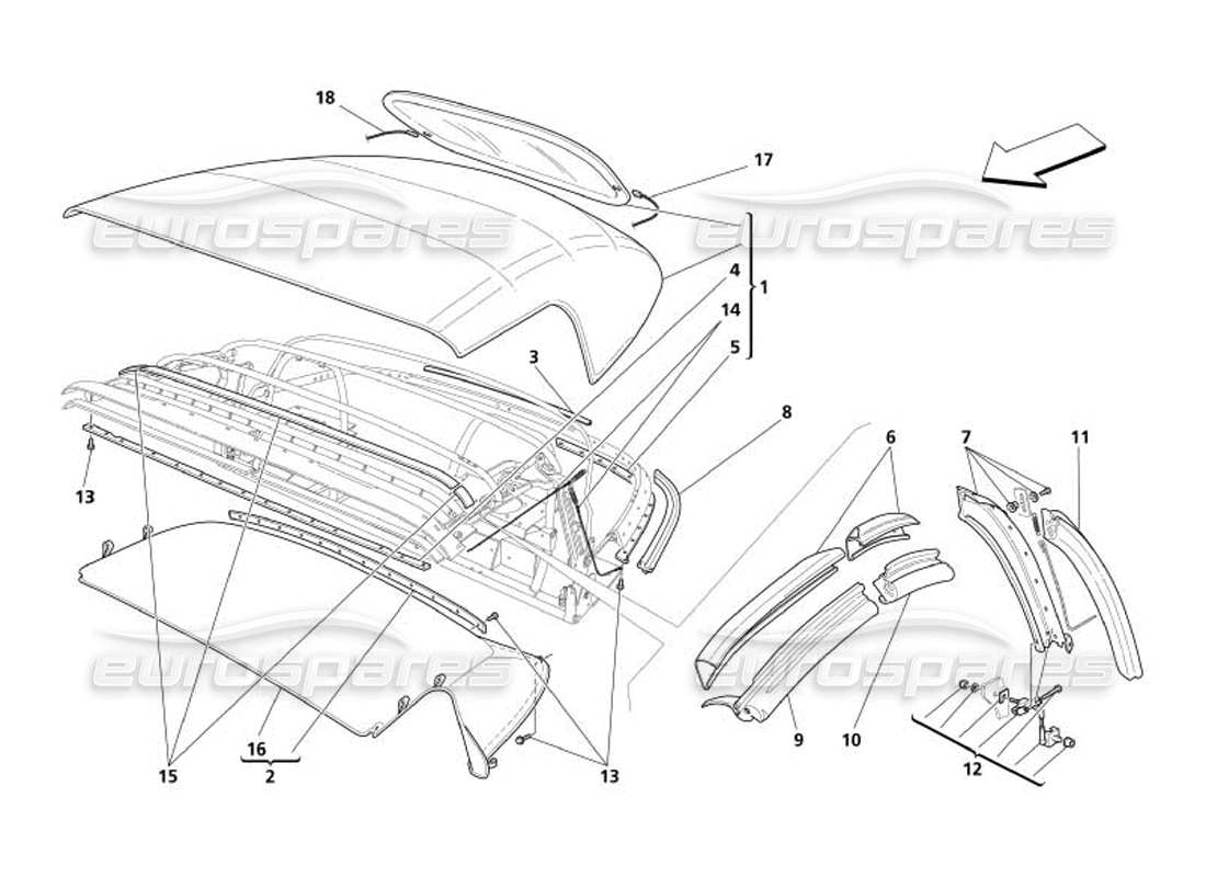 maserati 4200 spyder (2005) tessuto capote - diagramma delle parti della guarnizione