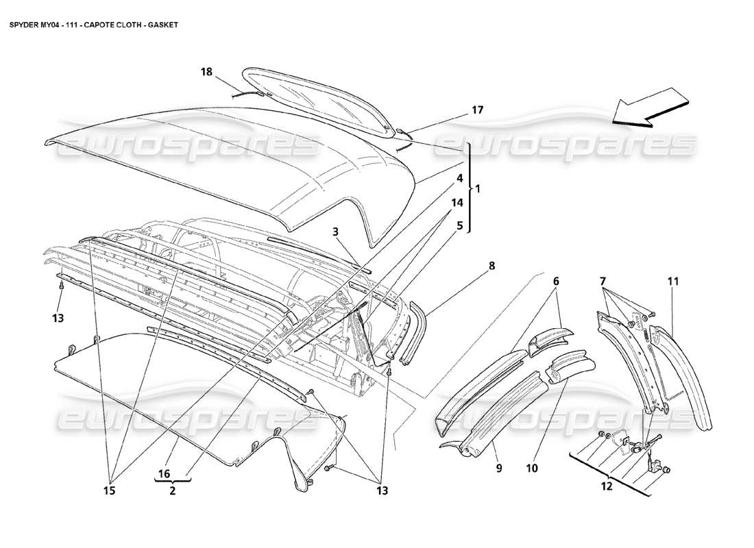 maserati 4200 spyder (2004) diagramma delle parti della guarnizione in tessuto capote