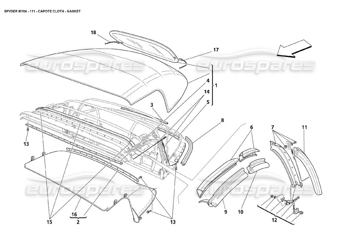 maserati 4200 spyder (2004) guarnizione in tessuto capote diagramma delle parti