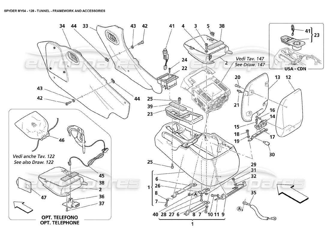 maserati 4200 spyder (2004) diagramma delle parti della struttura del tunnel e degli accessori