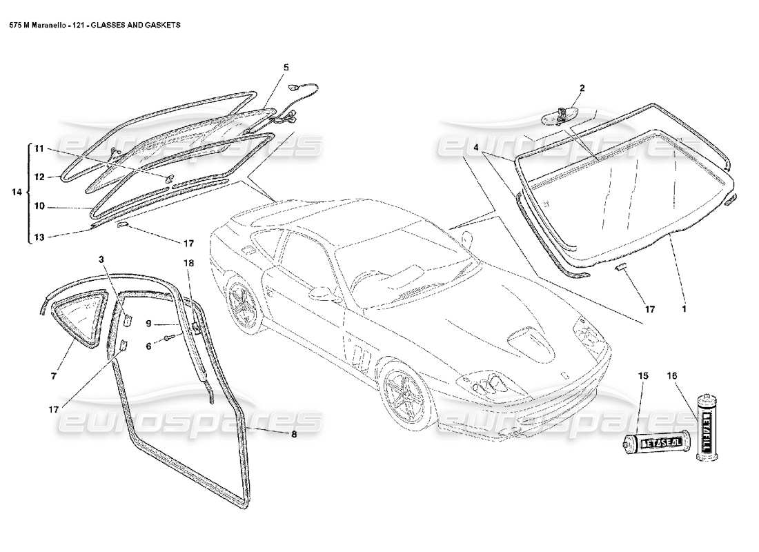 ferrari 575m maranello diagramma delle parti di vetri e guarnizioni