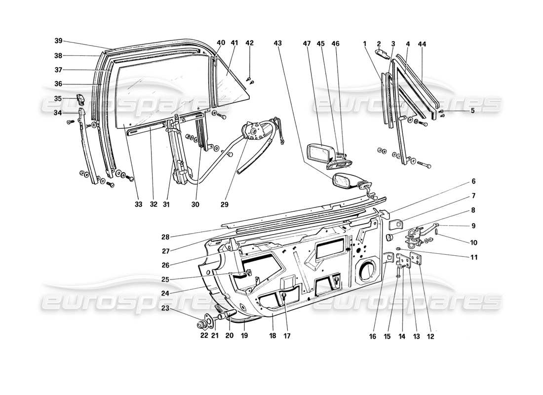 ferrari 328 (1988) schema delle parti delle porte (dalla vettura n. 75929).