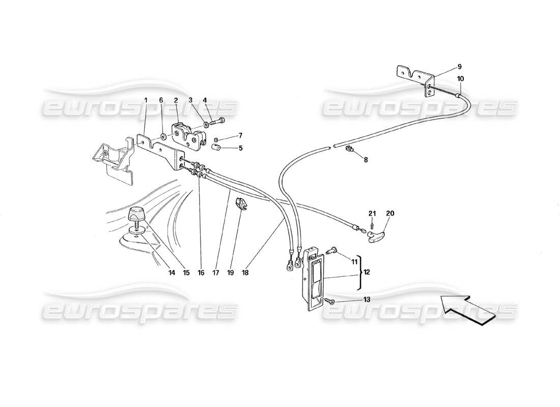 ferrari 348 (1993) tb / ts schema delle parti del dispositivo di apertura per il cofano anteriore