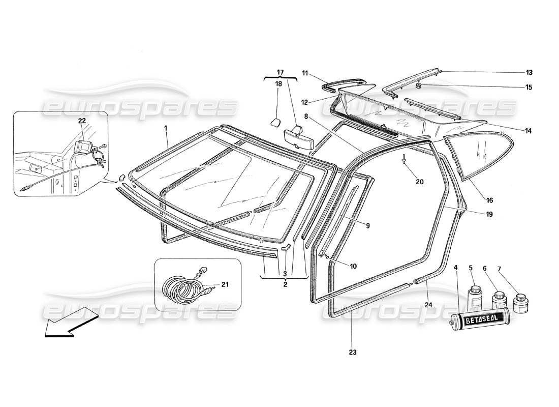 ferrari 348 (1993) tb / ts diagramma delle parti di vetri e guarnizioni