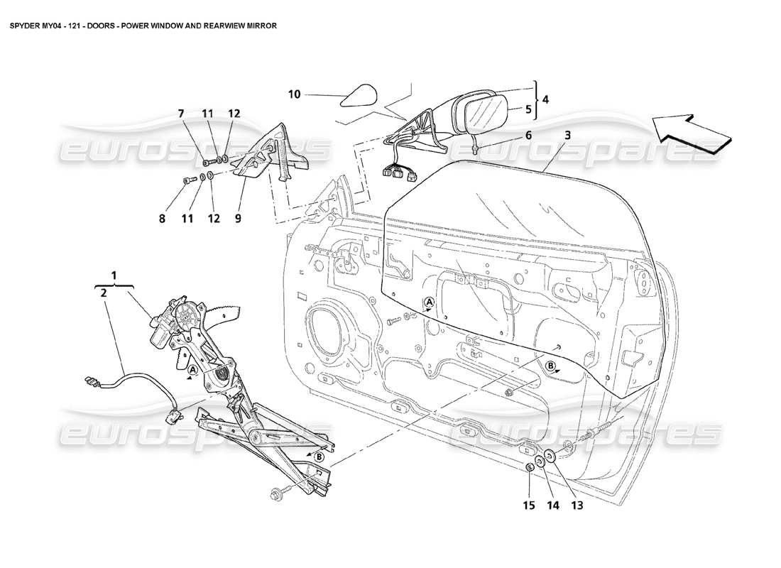 maserati 4200 spyder (2004) schema delle parti degli alzacristalli elettrici e degli specchietti retrovisori delle porte