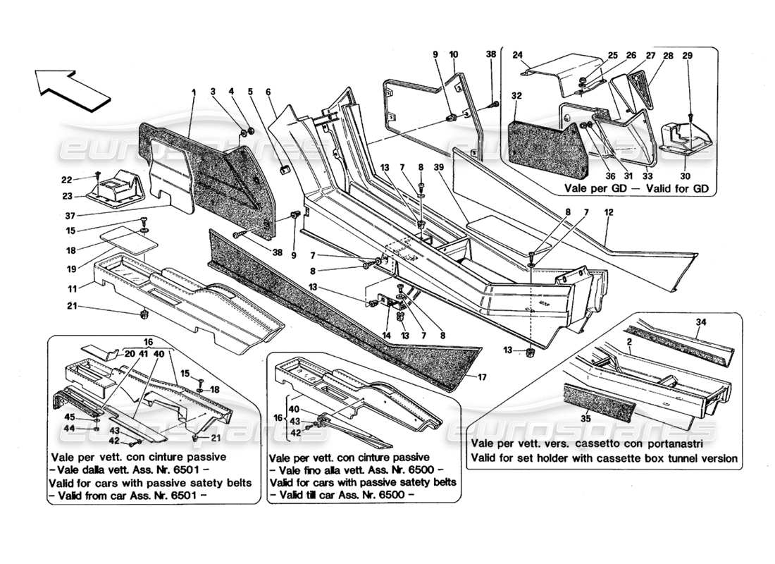 ferrari 348 (1993) tb / ts tunnel: diagramma delle parti della struttura e delle finiture