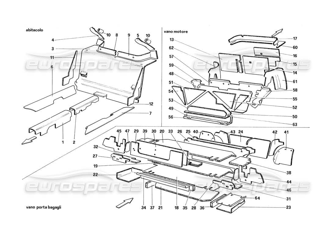 ferrari 328 (1988) diagramma delle parti dell'isolamento dei bagagli e dell'abitacolo (per ch87 - ch88).