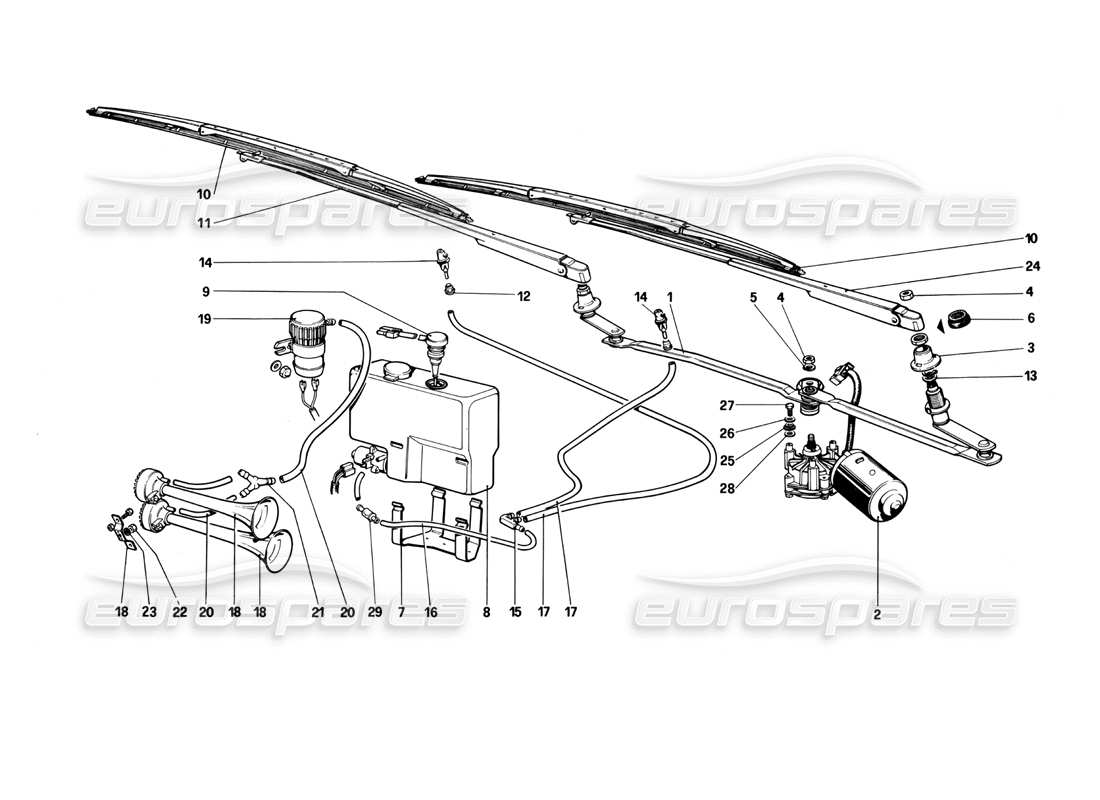 ferrari mondial 3.0 qv (1984) tergicristallo - schema delle parti di rondella e clacson