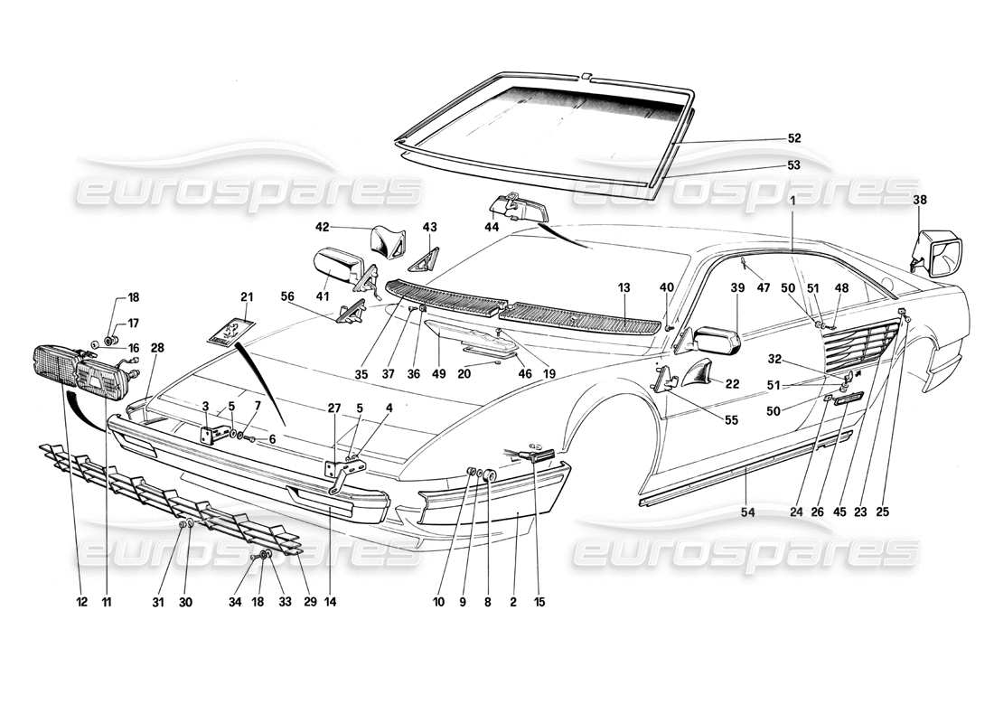 ferrari mondial 3.0 qv (1984) paraurti, fari e vetri anteriori diagramma delle parti