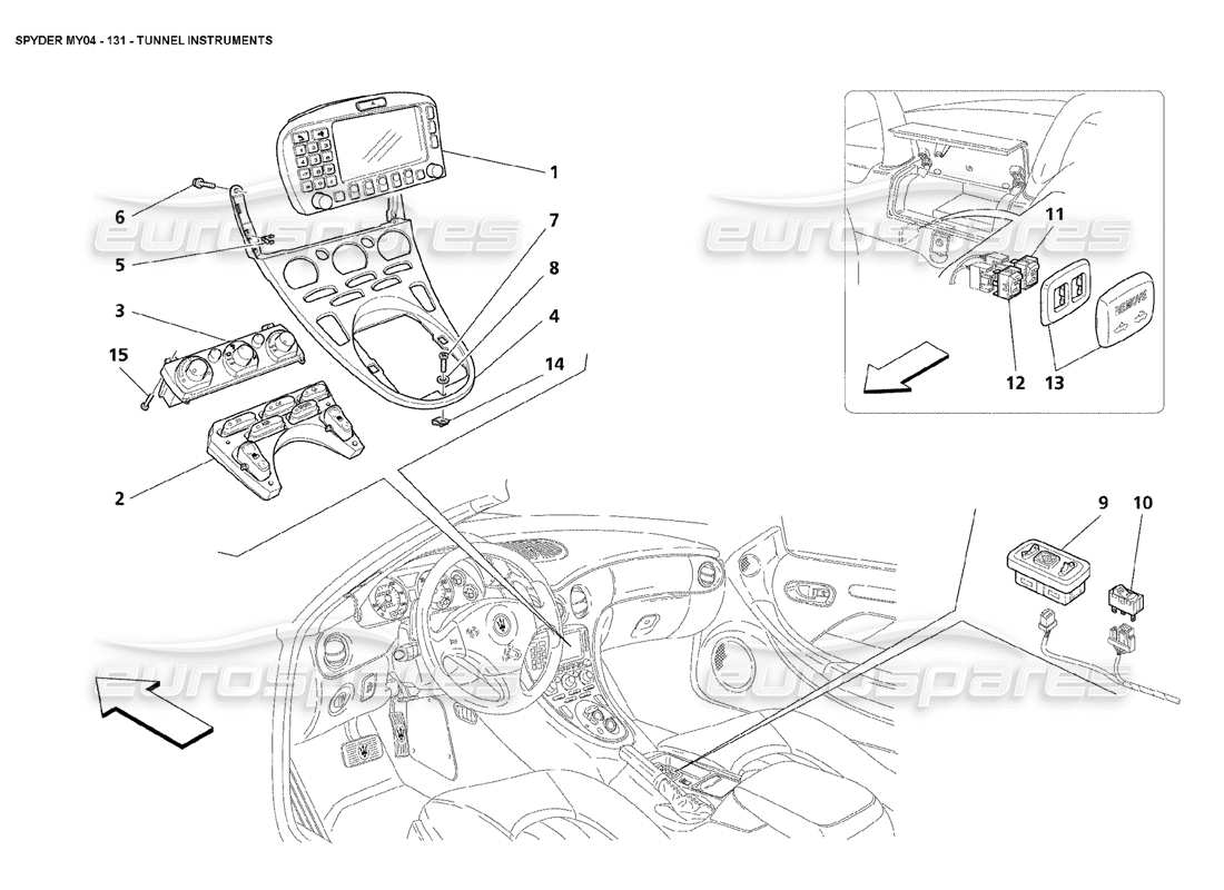 maserati 4200 spyder (2004) diagramma delle parti degli strumenti per tunnel