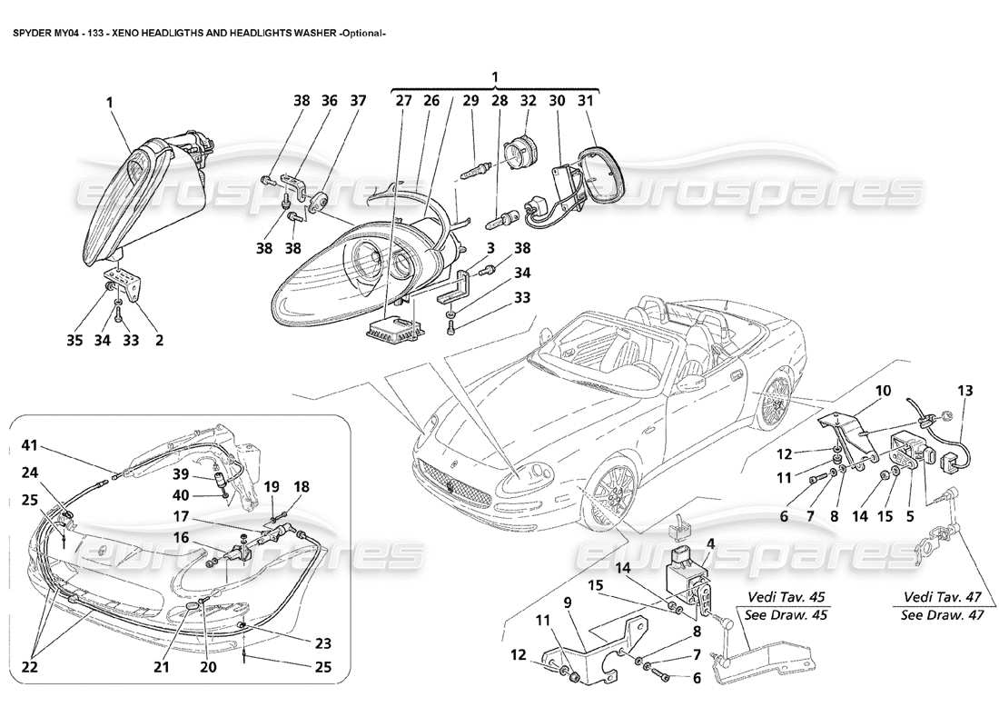 maserati 4200 spyder (2004) xeno headligths and headlights washer optional part diagram