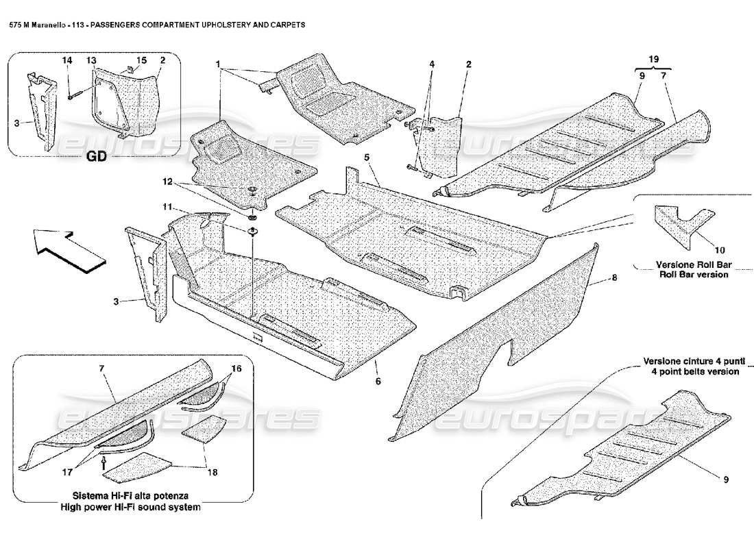 ferrari 575m maranello schema delle parti della tappezzeria e della moquette dell'abitacolo passeggeri