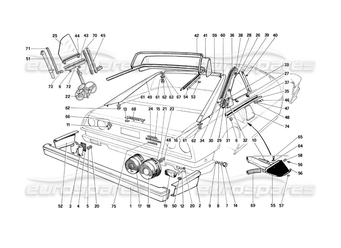 ferrari mondial 3.0 qv (1984) schema delle parti di paraurti, luci e vetri posteriori