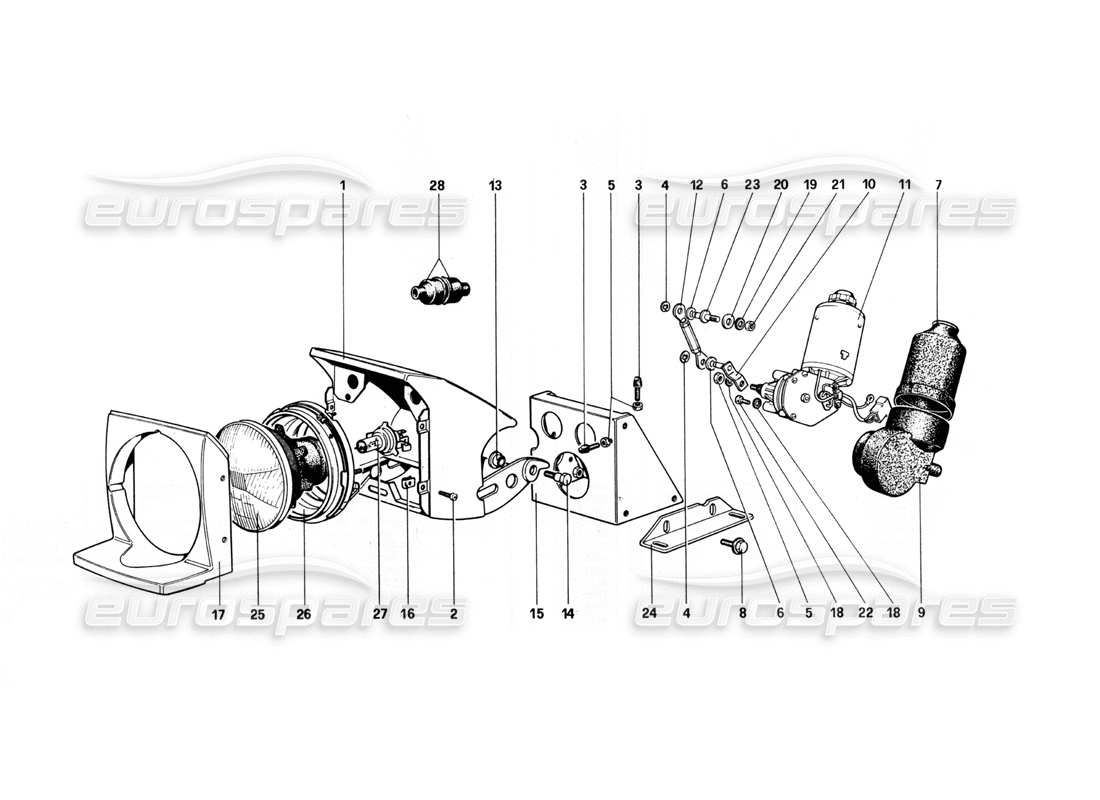 ferrari 308 quattrovalvole (1985) dispositivo di sollevamento luci e diagramma delle parti dei fari
