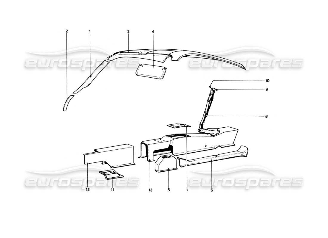 ferrari 512 bb tunnel e tetto diagramma delle parti