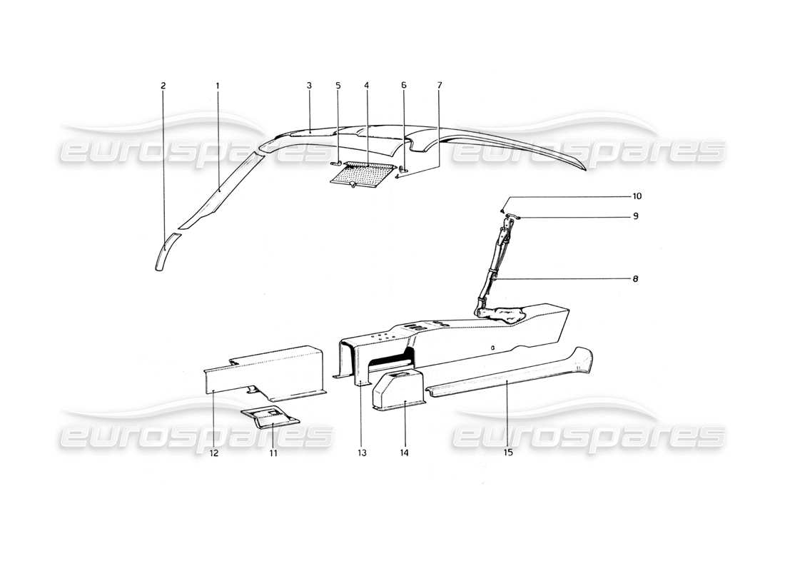 ferrari 365 gt4 berlinetta boxer diagramma delle parti del tunnel e del tetto