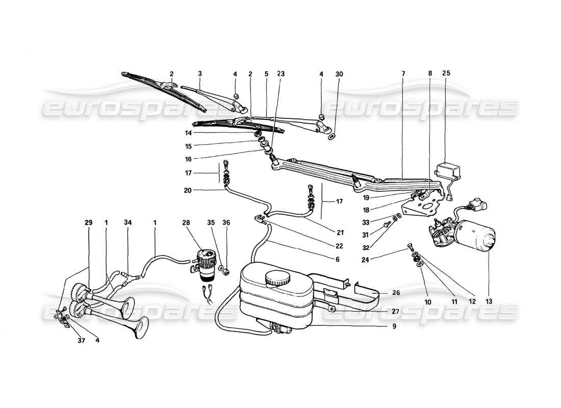 ferrari 308 quattrovalvole (1985) schema delle parti del tergicristallo, rondella e del clacson