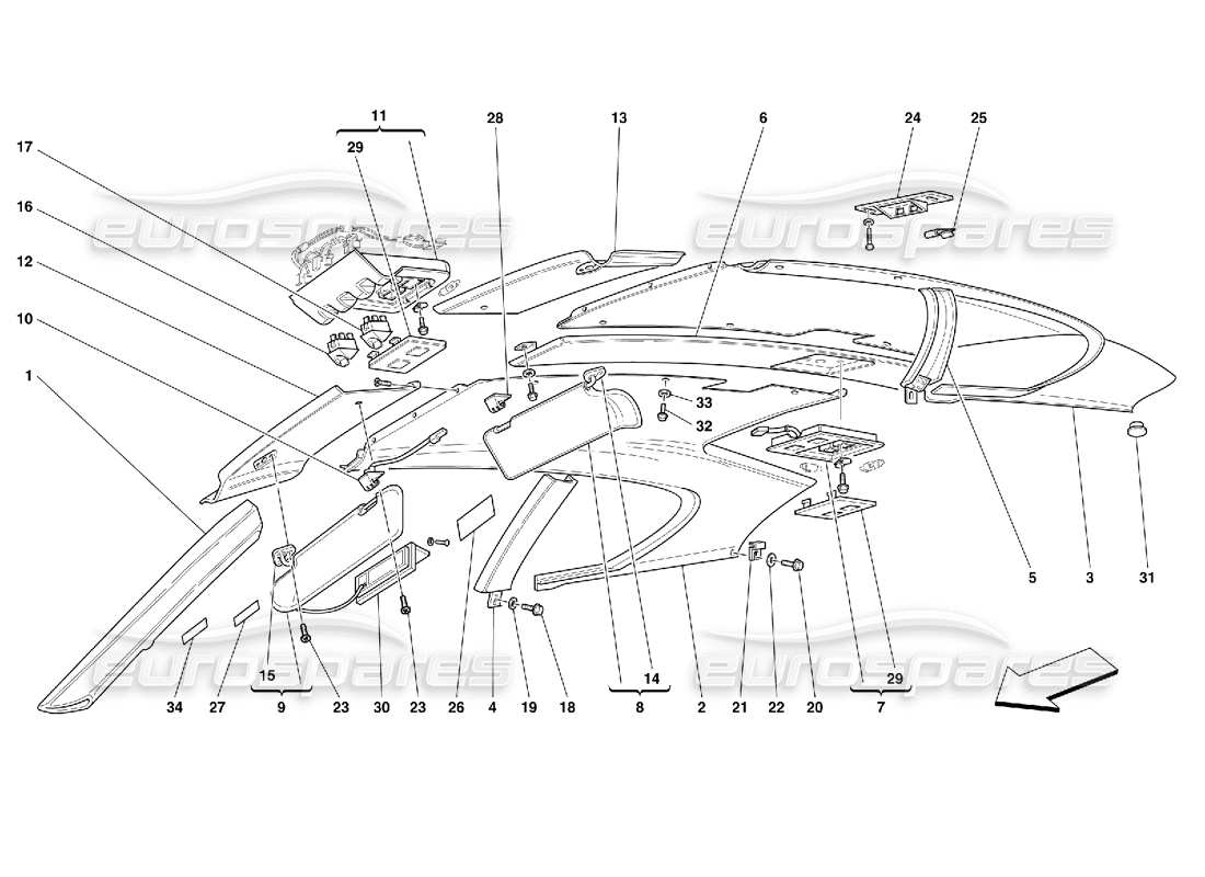 ferrari 456 gt/gta schema delle parti della tappezzeria e degli accessori del pannello del tetto