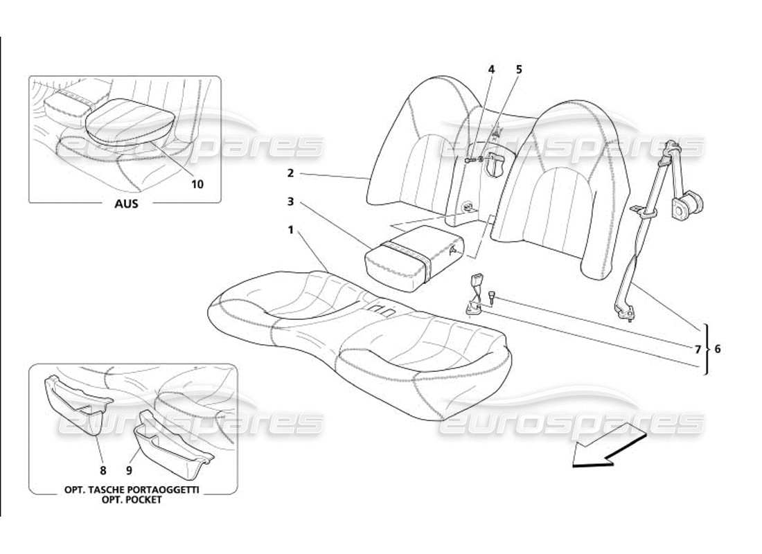 maserati 4200 gransport (2005) diagramma delle parti del sedile posteriore e della cintura di sicurezza