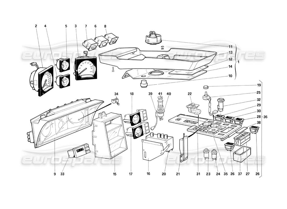 ferrari testarossa (1990) diagramma delle parti degli strumenti e degli accessori dell'abitacolo (per la versione usa).