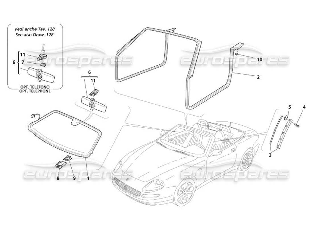 maserati 4200 spyder (2005) parabrezza per occhiali: schema delle parti delle guarnizioni e dello specchietto retrovisore interno