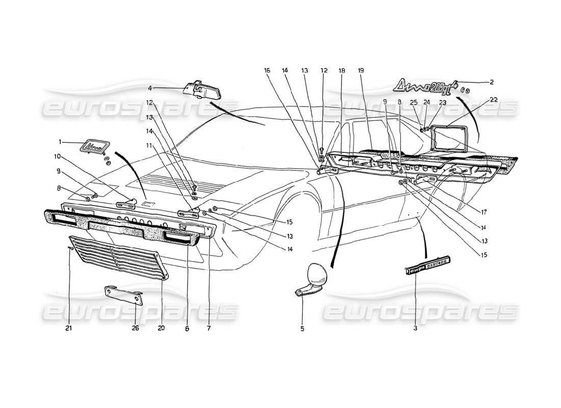 ferrari 208 gt4 dino (1975) paraurti e modanature diagramma delle parti