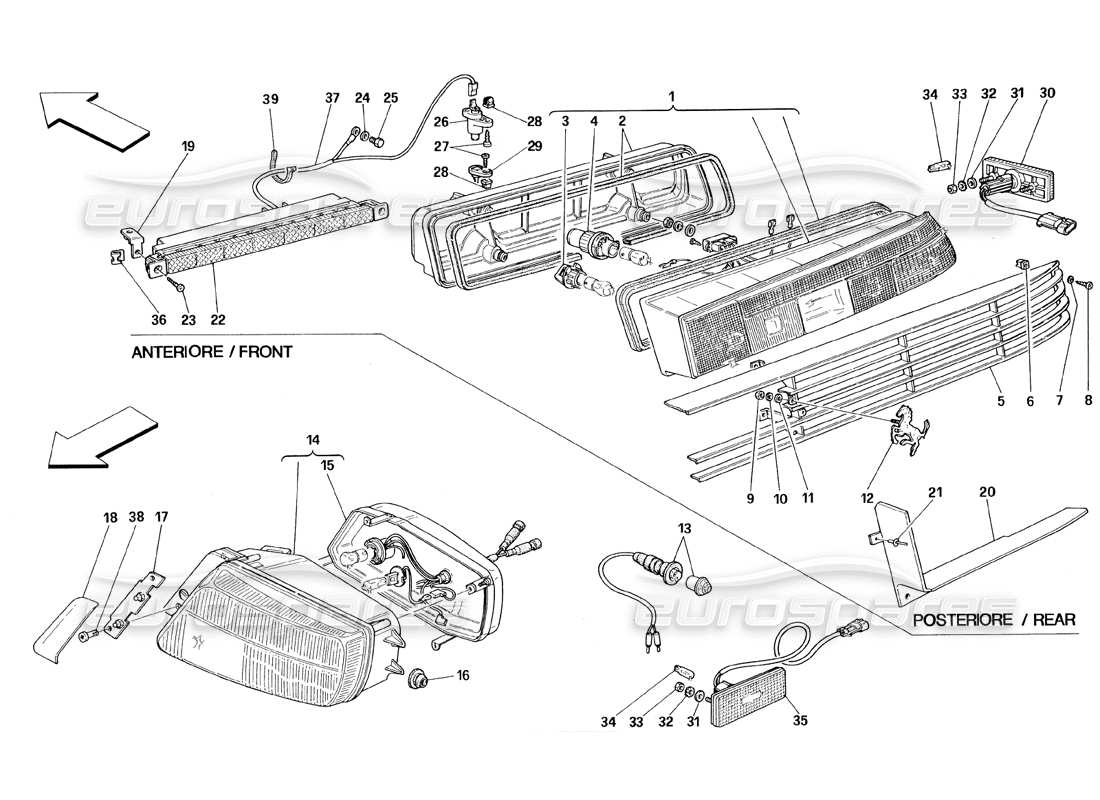 ferrari 348 (1993) tb / ts luci anteriori e posteriori diagramma delle parti