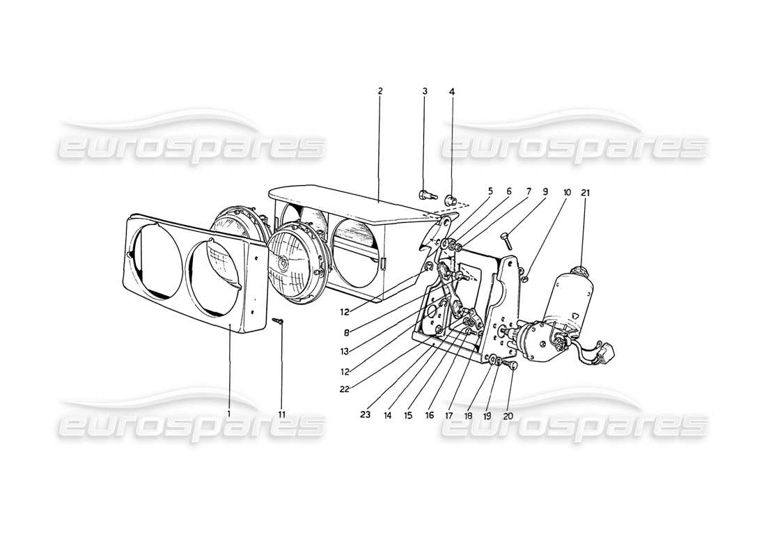 ferrari 208 gt4 dino (1975) schema delle parti del dispositivo di sollevamento dei fari