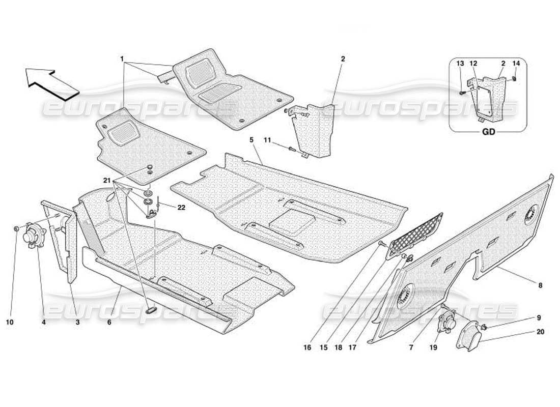 ferrari 550 barchetta schema delle parti della tappezzeria e della moquette dell'abitacolo passeggeri