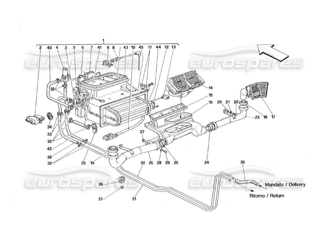 ferrari 348 (1993) tb / ts schema della parte di aerazione dell'unità evaporatore e dell'abitacolo passeggeri