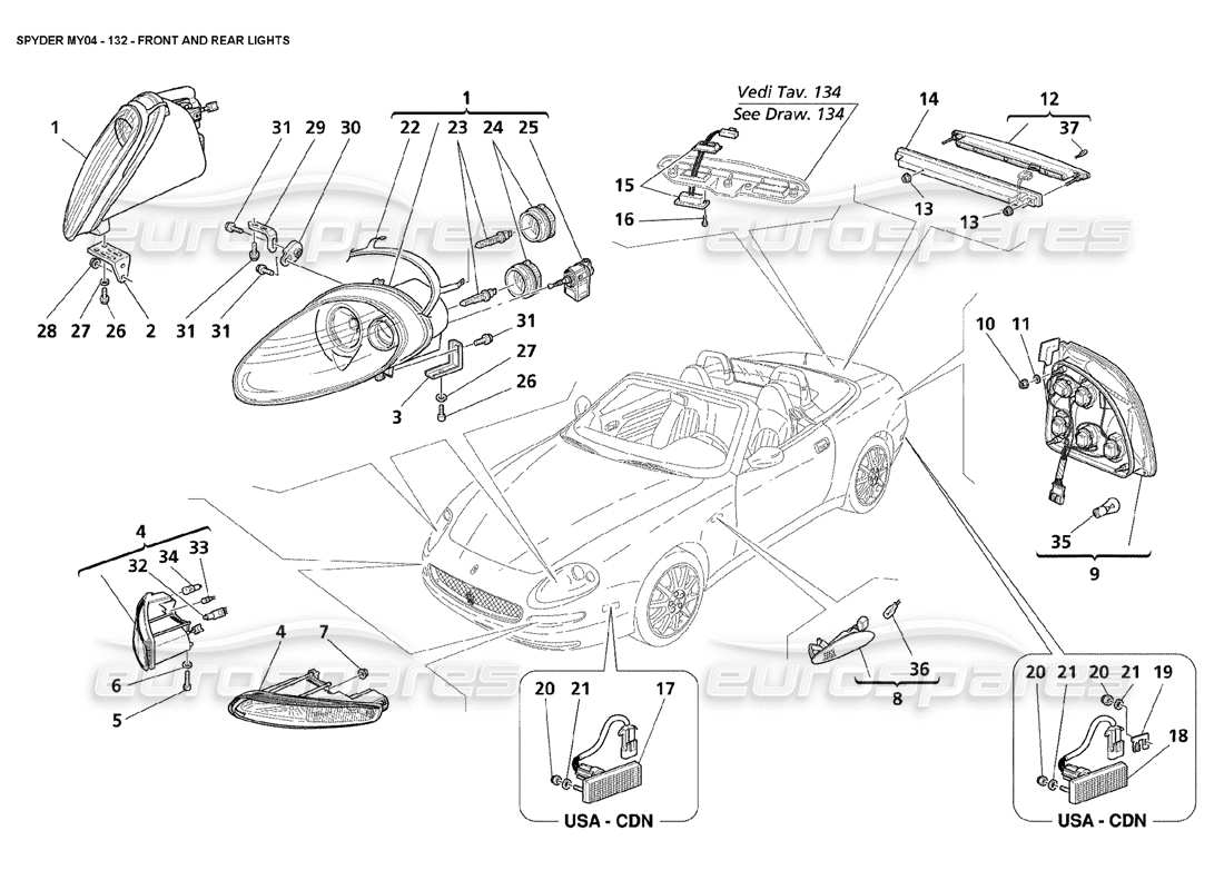 maserati 4200 spyder (2004) luci anteriori e posteriori diagramma delle parti