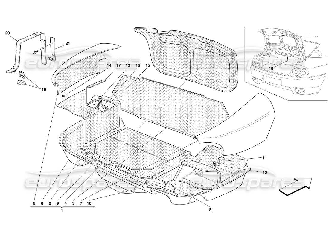 ferrari 456 gt/gta schema delle parti della tappezzeria del cofano del bagagliaio