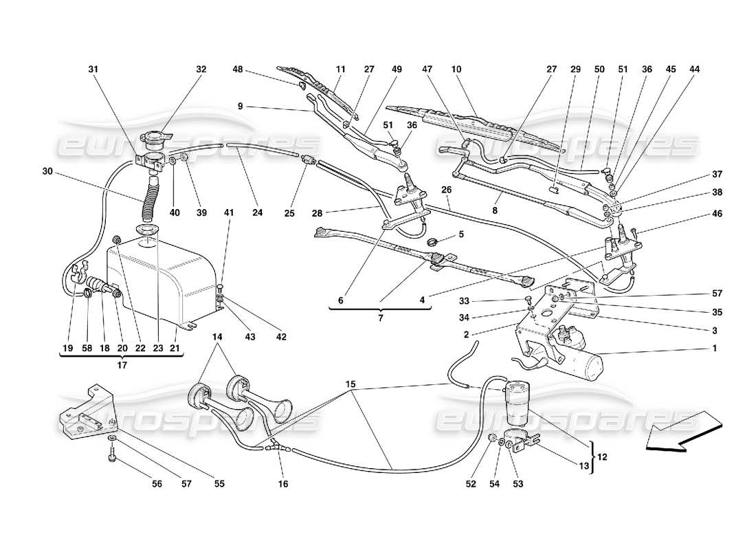 ferrari 456 gt/gta schema delle parti di tergicristallo, rondella e clacson