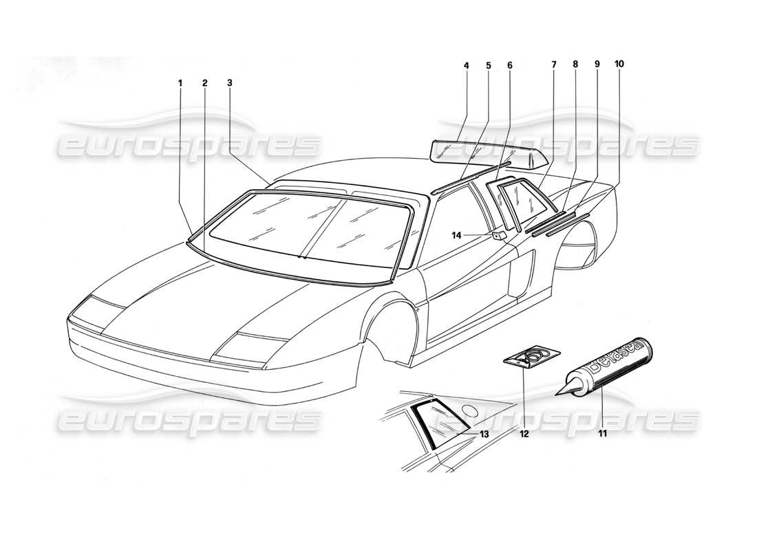 ferrari testarossa (1990) vetro e finestre diagramma delle parti