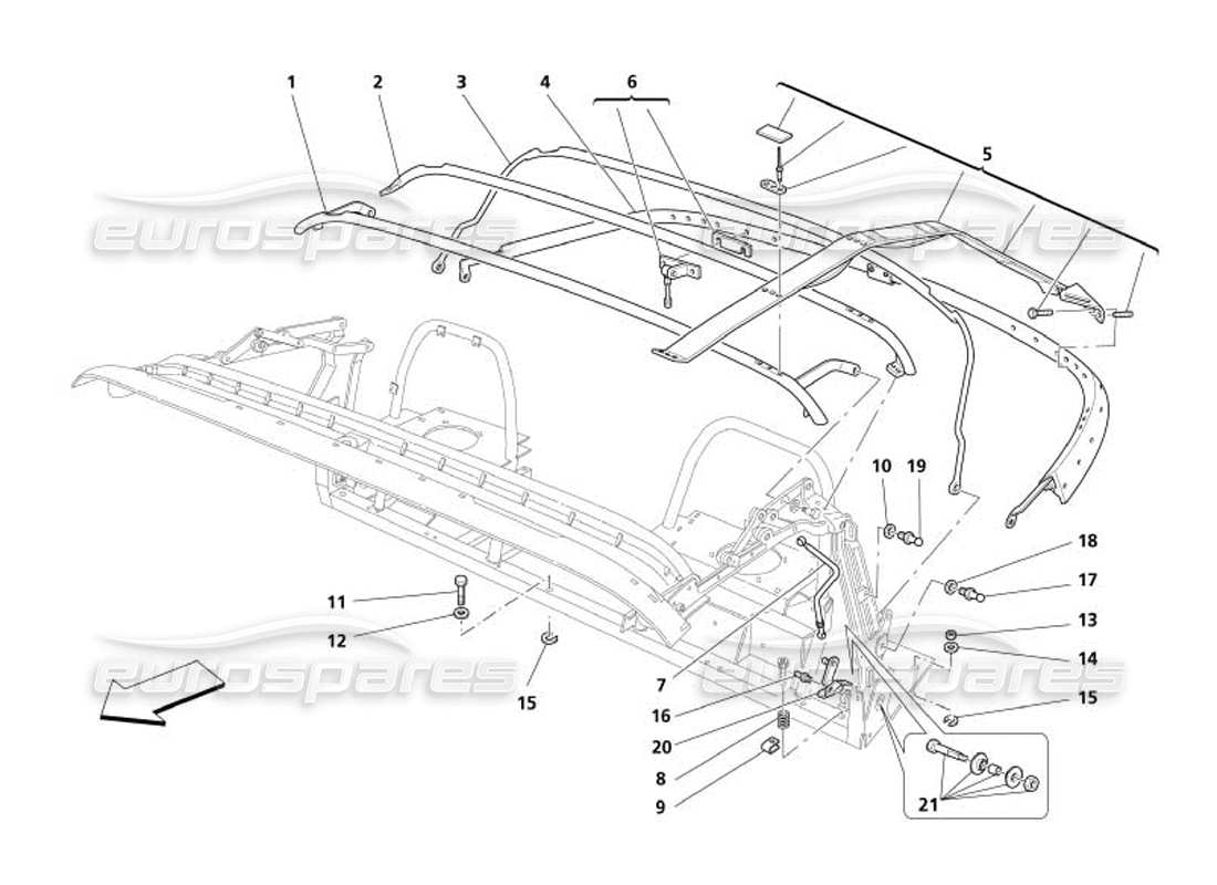 maserati 4200 spyder (2005) diagramma delle parti della struttura della capote