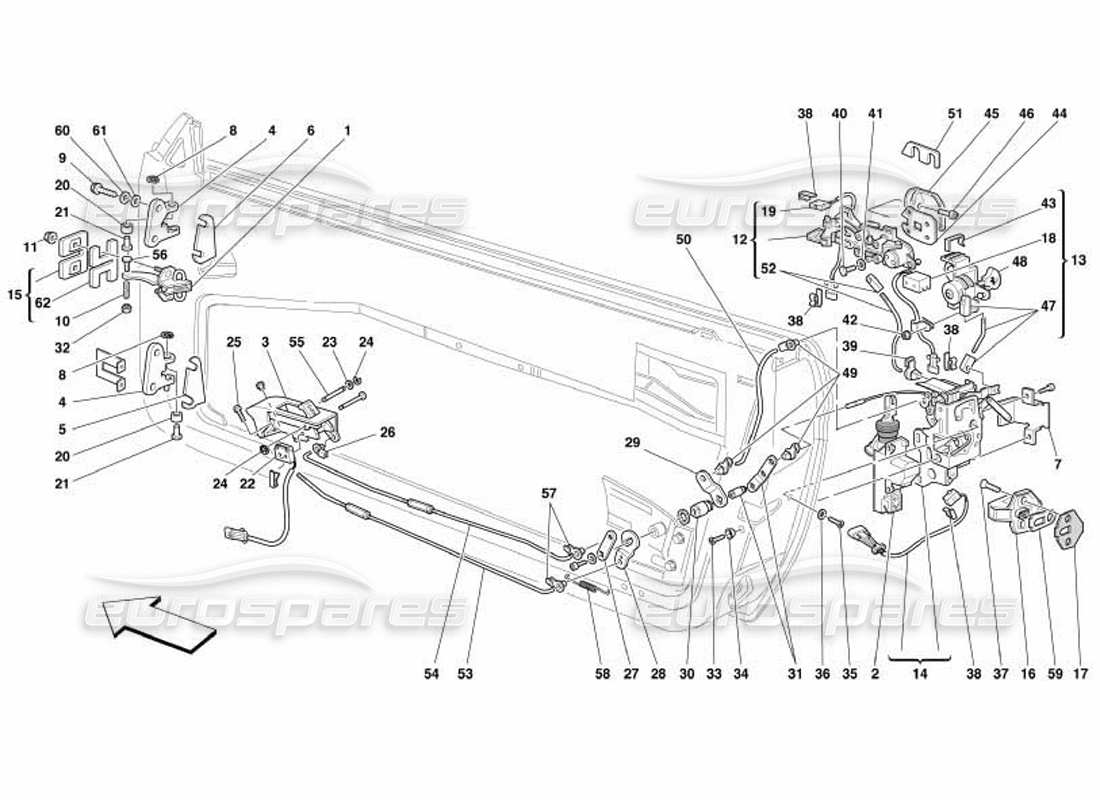 ferrari 550 barchetta porte: diagramma delle parti del controllo di apertura e delle cerniere