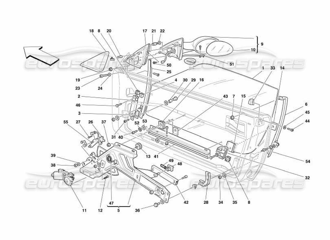 ferrari 550 barchetta porte: schema delle parti dell'alzacristallo elettrico e dello specchietto retrovisore