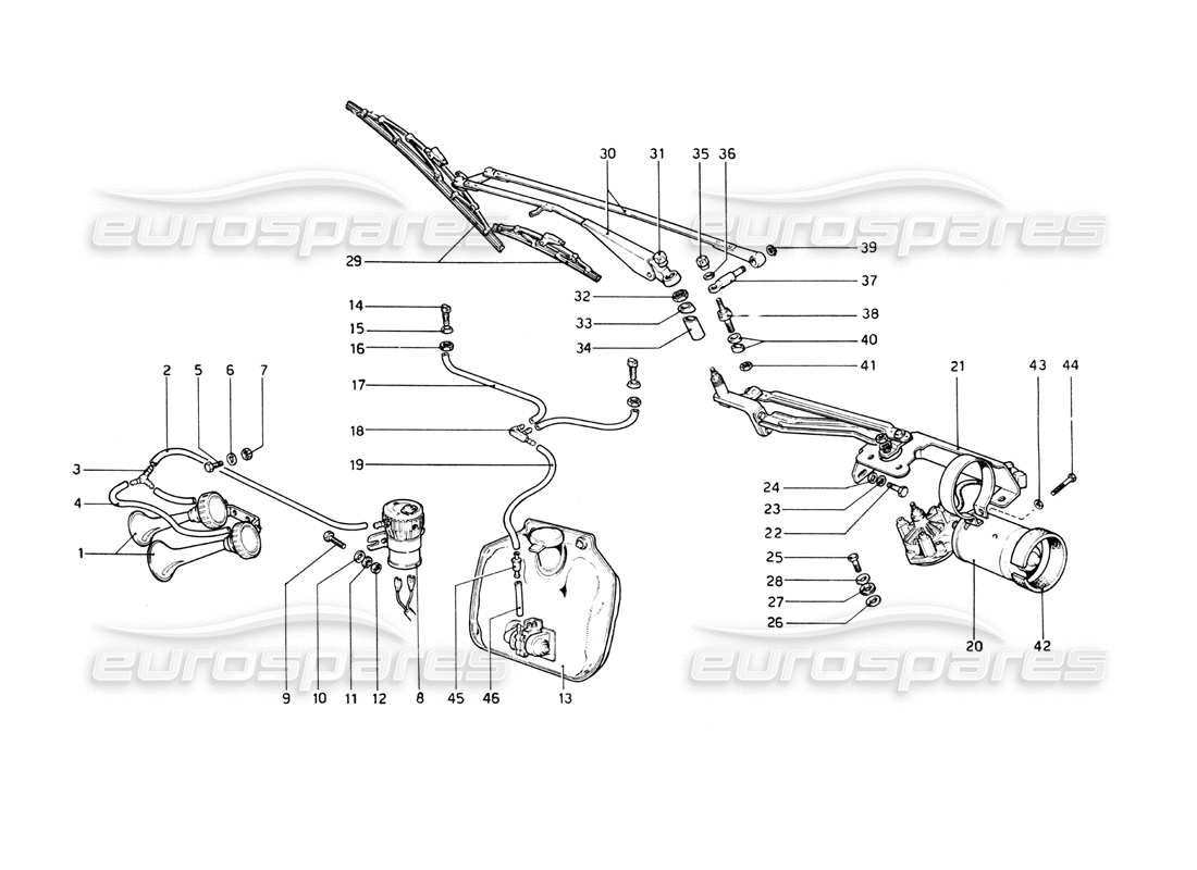 ferrari 512 bb schema delle parti di tergicristallo, rondella e clacson